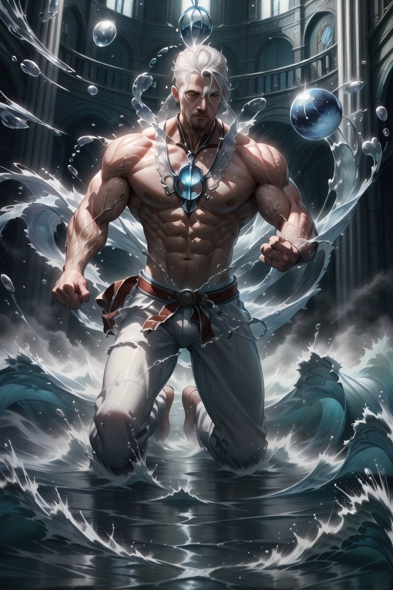 realistic, masterpiece, best quality, natural lighting, soft shadow, insane detail, detailed background, professional photography, depth of field, intricate, detailed face, subsurface scattering, realistic hair, realistic eyes, muscular, masculine, photo of a handsome man, hydr0mancer, water, splashing, hydrokinesis, beard, white hair, casting spell, swirling water magic, water orb, priest vestment, collar, shirt, pants, kneeling, wide shot, indoors, church, stained glass, window, sunlight, (symmetry),hydrotech
