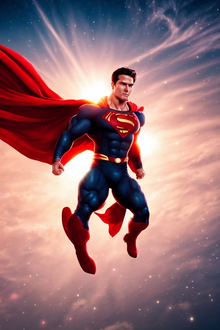 the best image of perfectly-rendered real Superman flying in space to save the world, planet earth background in intricate space, symmetric limbs, professional smooth CG unit Wallpaper printed in glossy paper in uhd, trending on Artstation, highres image scan, associated press, impressive masterpiece, centrefold , no crop