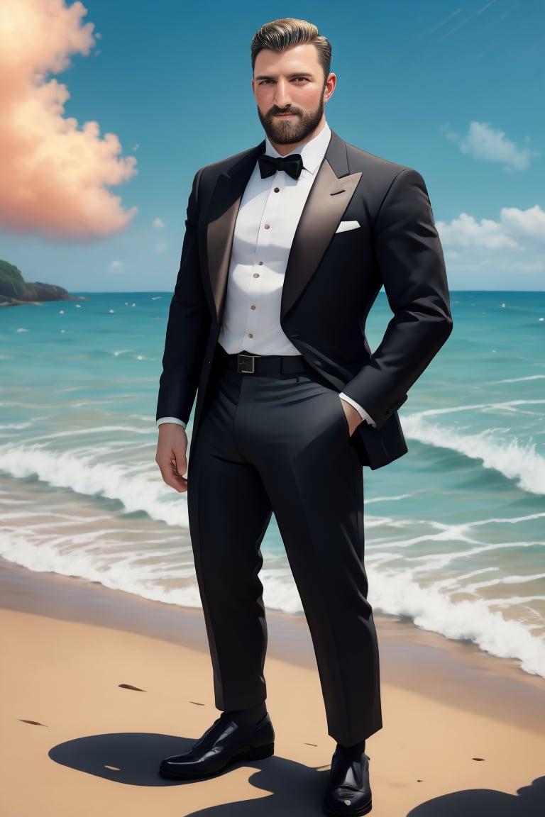 Lianman stands tall and proud, his muscular physique evident beneath the sleek lines of his black tuxedo. A trimmed brown beard adorns his chiseled jawline, complemented by a stylishly short haircut. Indoors, at the fading remnants of an extravagant party, he commands attention amidst a sea of celebrants in the background. A masterpiece of elegance, Lianman's pose exudes confidence and sophistication, set against a backdrop of vibrant colors and dynamic lighting, all rendered in breathtaking UHD resolution with a matte finish.