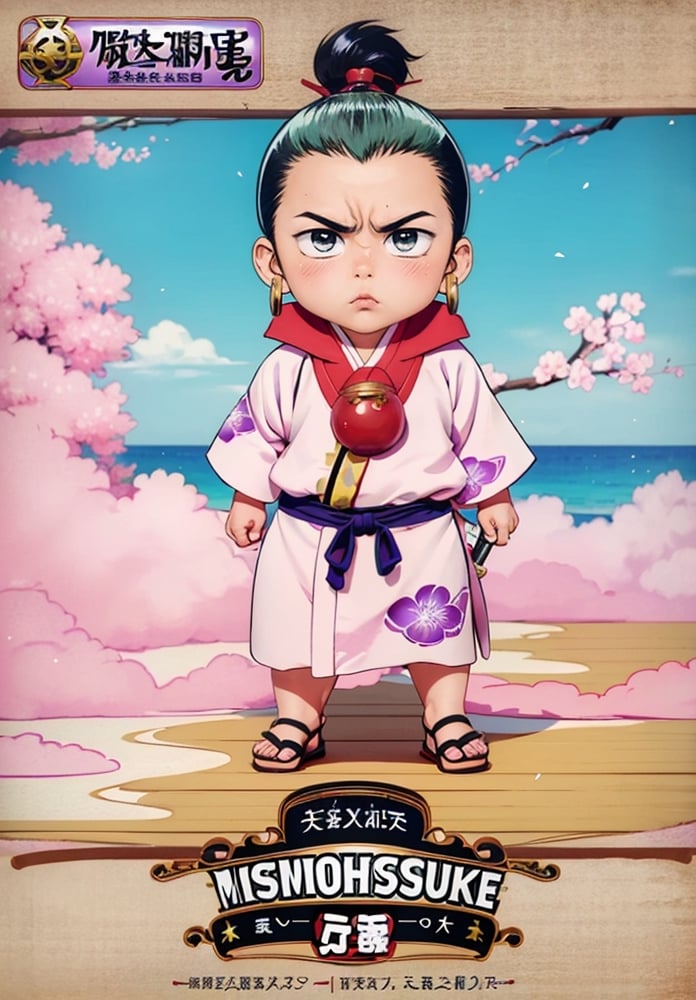 Boy in pink samurai uniform and purple bell. He has chonmage hair. He wear red scalf in his neck and a sword on his bell. His feet wear a japanese geta,CHIBI,SAITAMA , sole_male,misaki_yasuda
