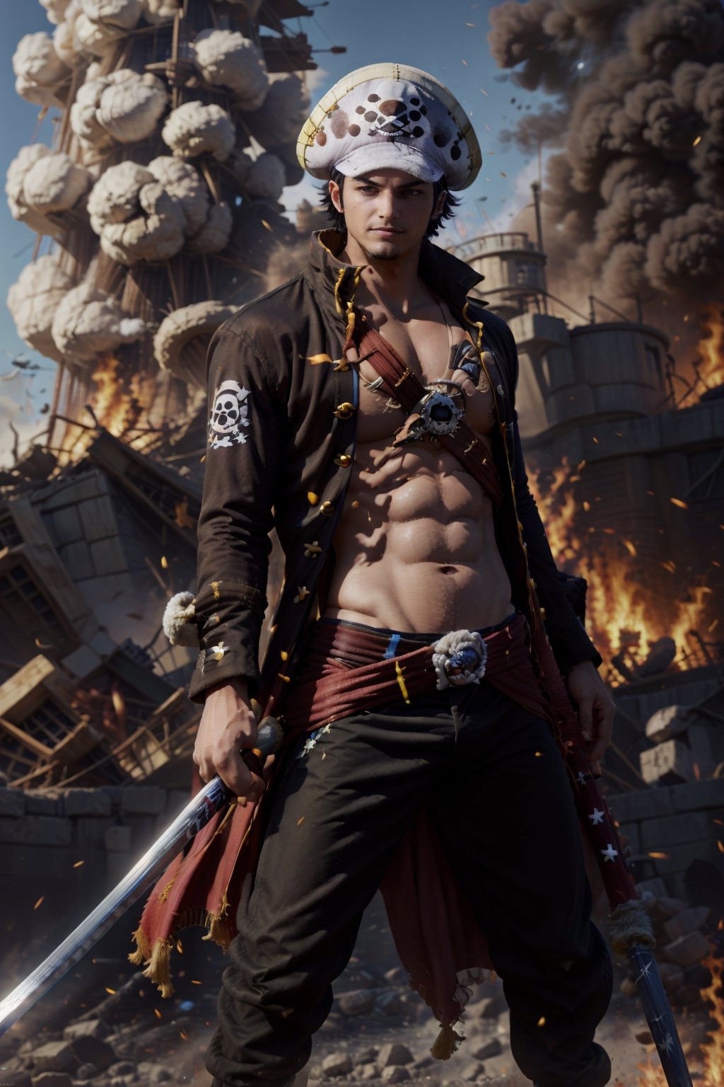 Traffagar d law, one piece,
, ((masterpiece, best quality)),(complex light),absurdres, highres, 1boy,solo,fighting stance,white hat with black dot,black eyes,blue fire destroyed debris background,smirk,Fedev3,1boy ,Law,holding a sword,sexypirate