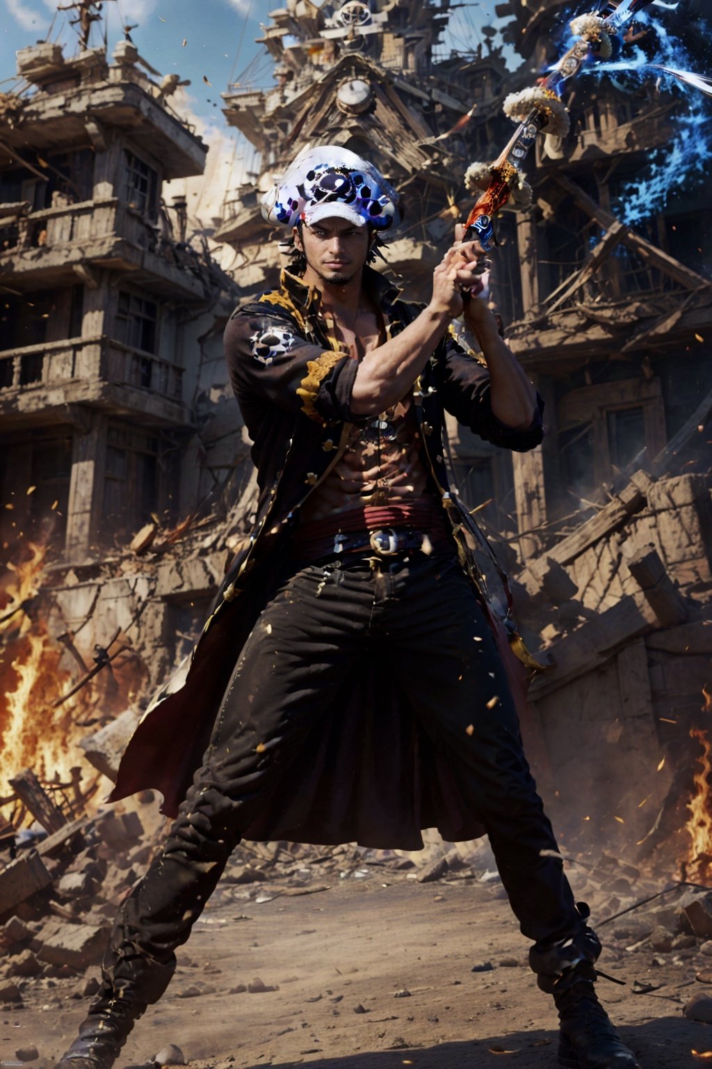 Traffagar d law, one piece,
, ((masterpiece, best quality)),(complex light),absurdres, highres, 1boy,solo,fighting stance,white hat with black dot,black eyes,blue fire destroyed debris background,smirk,Fedev3,1boy ,Law,holding a sword,sexypirate