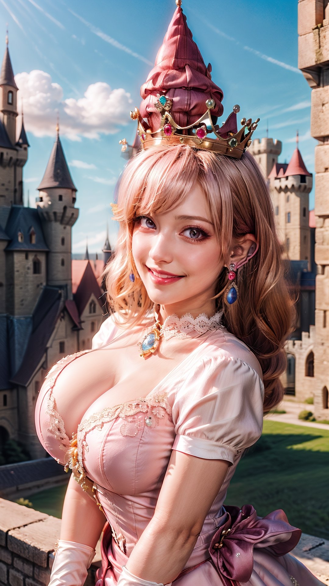 Peach_SMP,  masterpiece, best quality, highres, pch, pink dress, brooch, puffy sleeves, short sleeves, smile, elbow gloves, earrings, crown, outside of castle, large breasts, view from below, detailed face, long leg, 4k, high_res