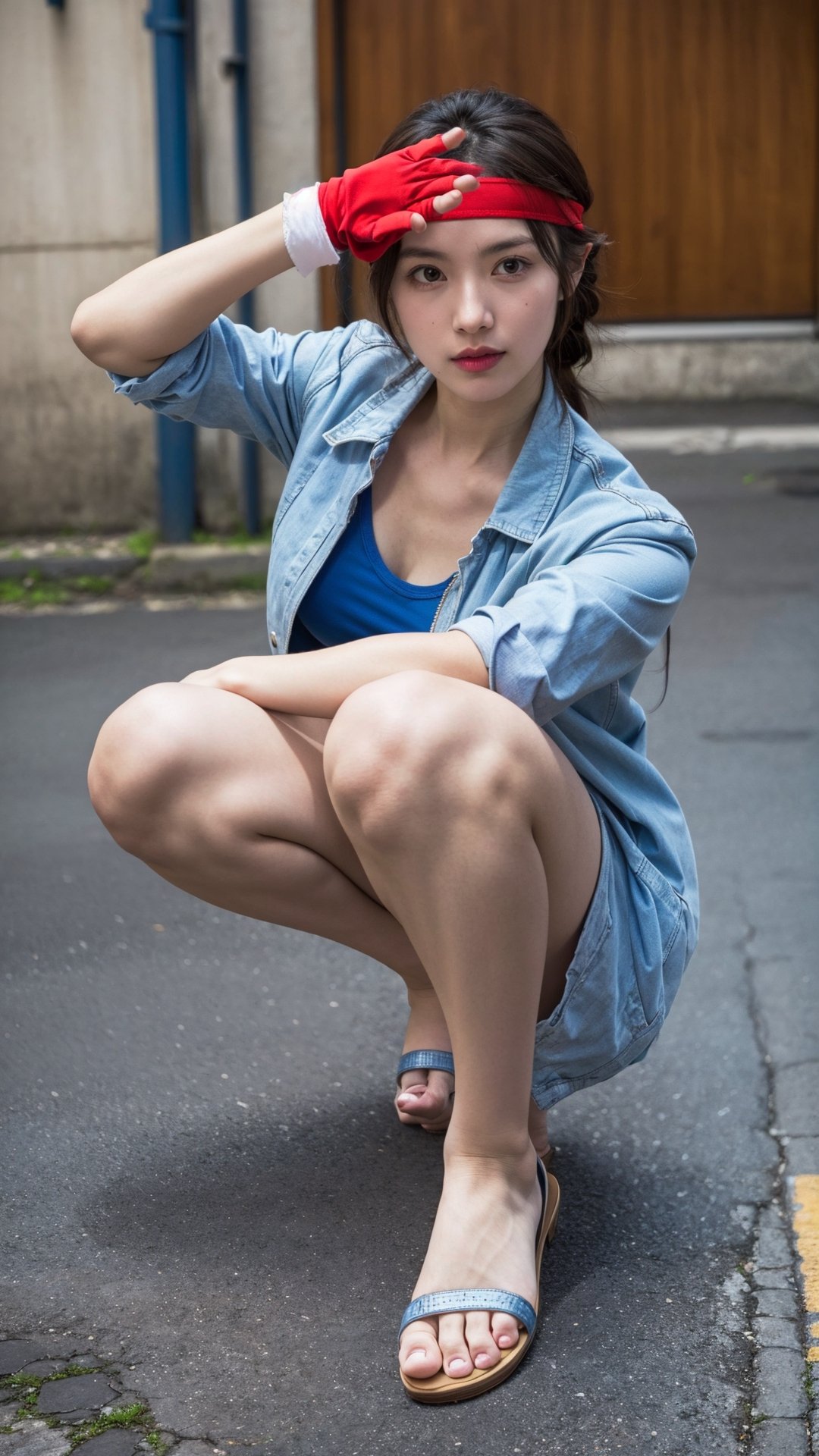 YuriSakazaki, 1girl, (full body:1.2), (fingerless_glove:1.2) ((red headband)),  serious face, (braided hair), street fighter background,  pine tree,  portrait,  (best quality:1.2),  masterpiece,  perfect picture,  detailed eyes,  sharp focus,  big boob, 8k , blue shirt, white jacket, open jacket, fingerless_glove, blue short, white sandal, white glove