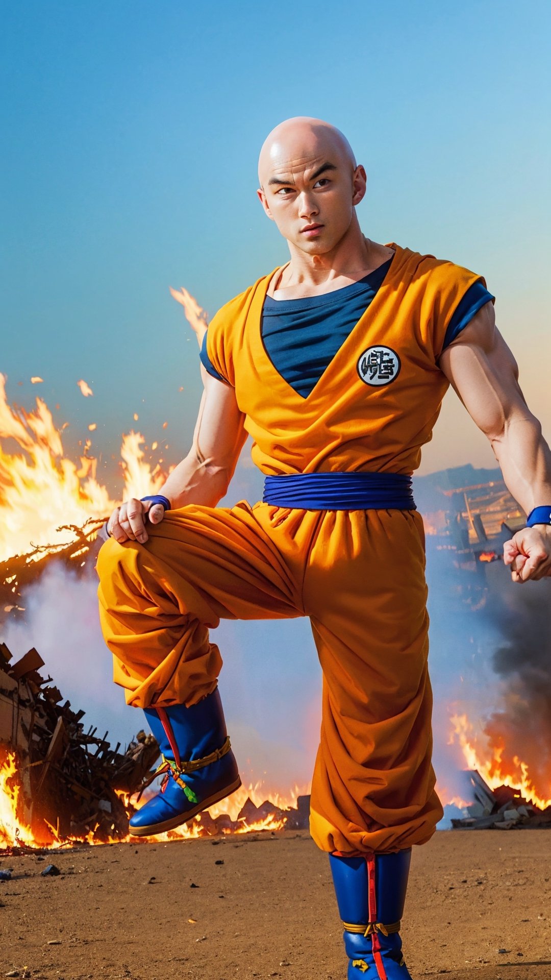 saitama, goku shirt, one punch man, 1boy, (bald:1.5), (full body:1.2), realistic, looking at viewer, city burning, white cape, destruction, ruins, fire, (stupid face:1.2), handsome asian male, orange pant, blue boot