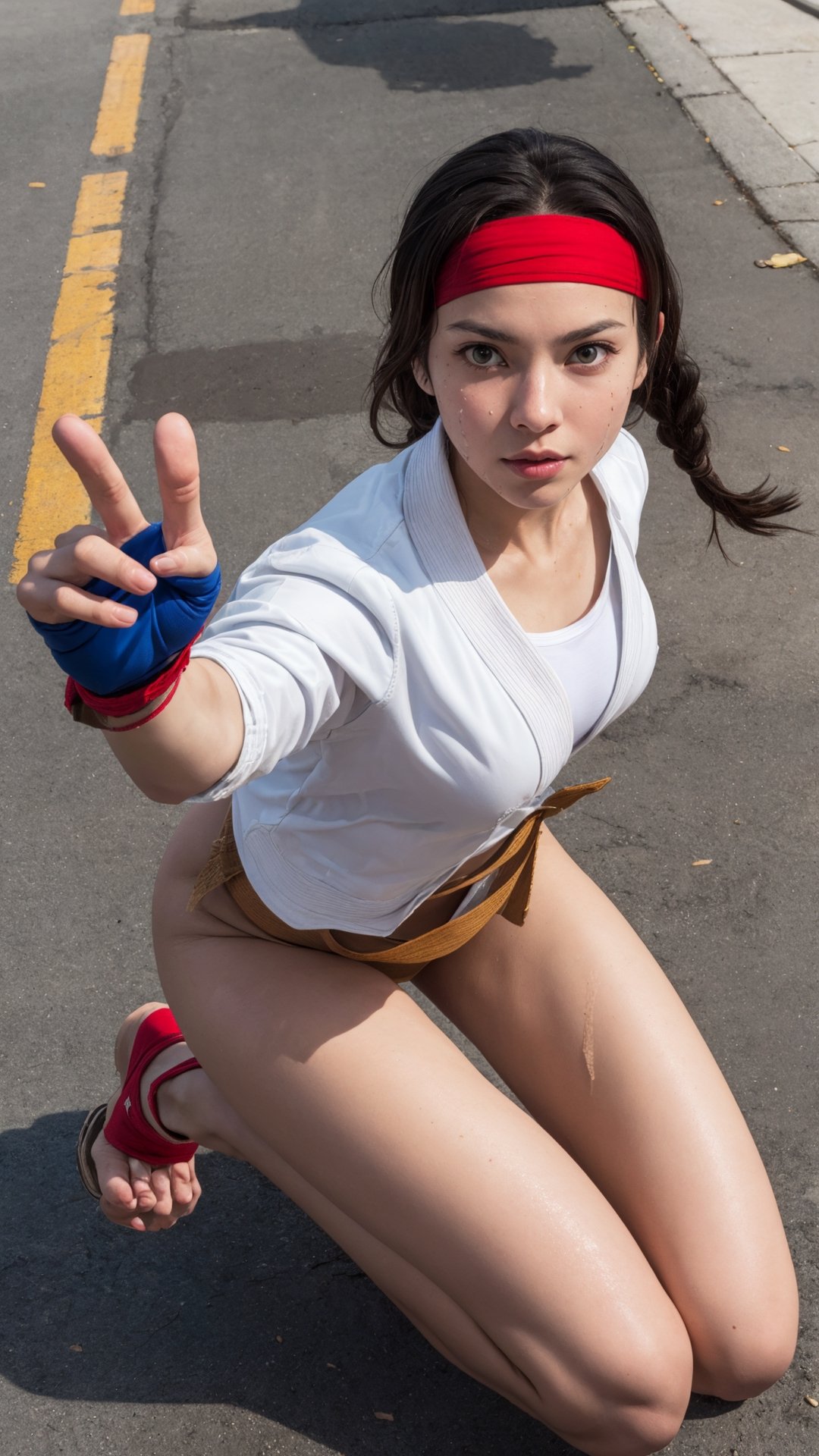 YuriSakazaki, 1girl, (fingerless_glove:1.2) ((red headband)),  serious face, (braided hair), ((Kneeling leg open))((from high angle shot)), (eyes looked up:1.3), (her face and breasts are wet),street fighter background,  pine tree,  portrait,  (best quality:1.2),  masterpiece,  perfect picture,  detailed eyes,  sharp focus,  big boob, 8k , blue shirt, white jacket, open jacket, fingerless_glove, blue short, white sandal, white glove