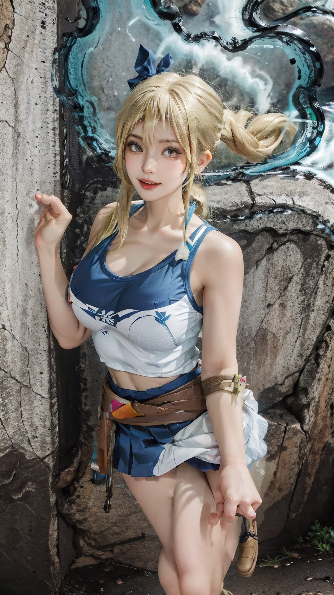 1girl ,{lucy heartfilia},{perfect face},{beautiful detailed eyes} {wearing a white sleeveless tshirt },{blue skirt} {good angle from above}, {large breast} , blue bow hairpin, {an attractive and voluptuous physique} ,(long side ponytail hair),(blonde hair) happy expression with a beauty face  ,{{masterpiece}} ,{{best quality}},   brown belt ,boots,Cursed energy, yellow energy around body