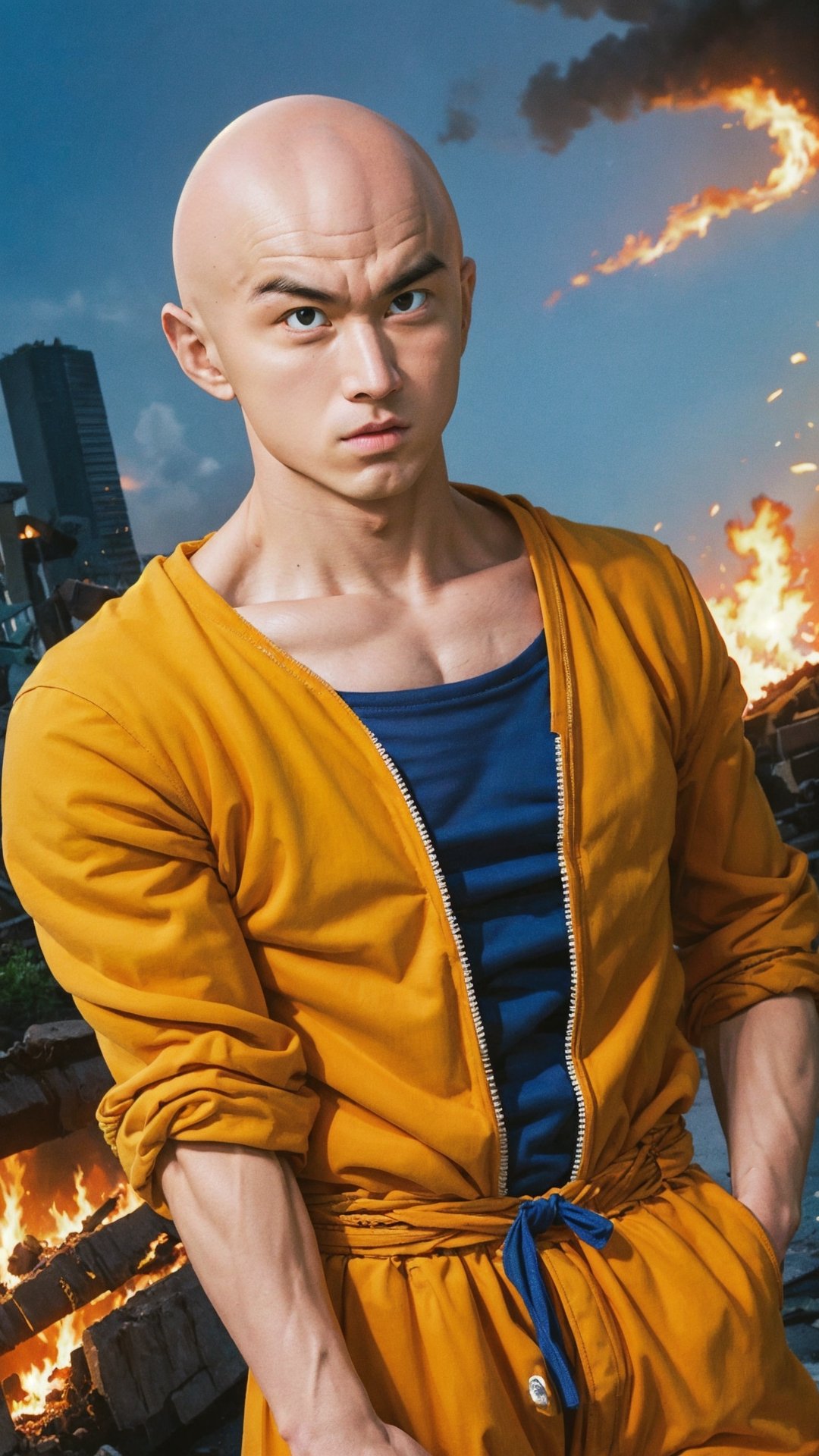 saitama, goku shirt, one punch man, 1boy, (bald:1.5), upper body, realistic, looking at viewer, city burning, white cape, destruction, ruins, fire, (stupid face:1.2), handsome asian male, orange pant, blue boot