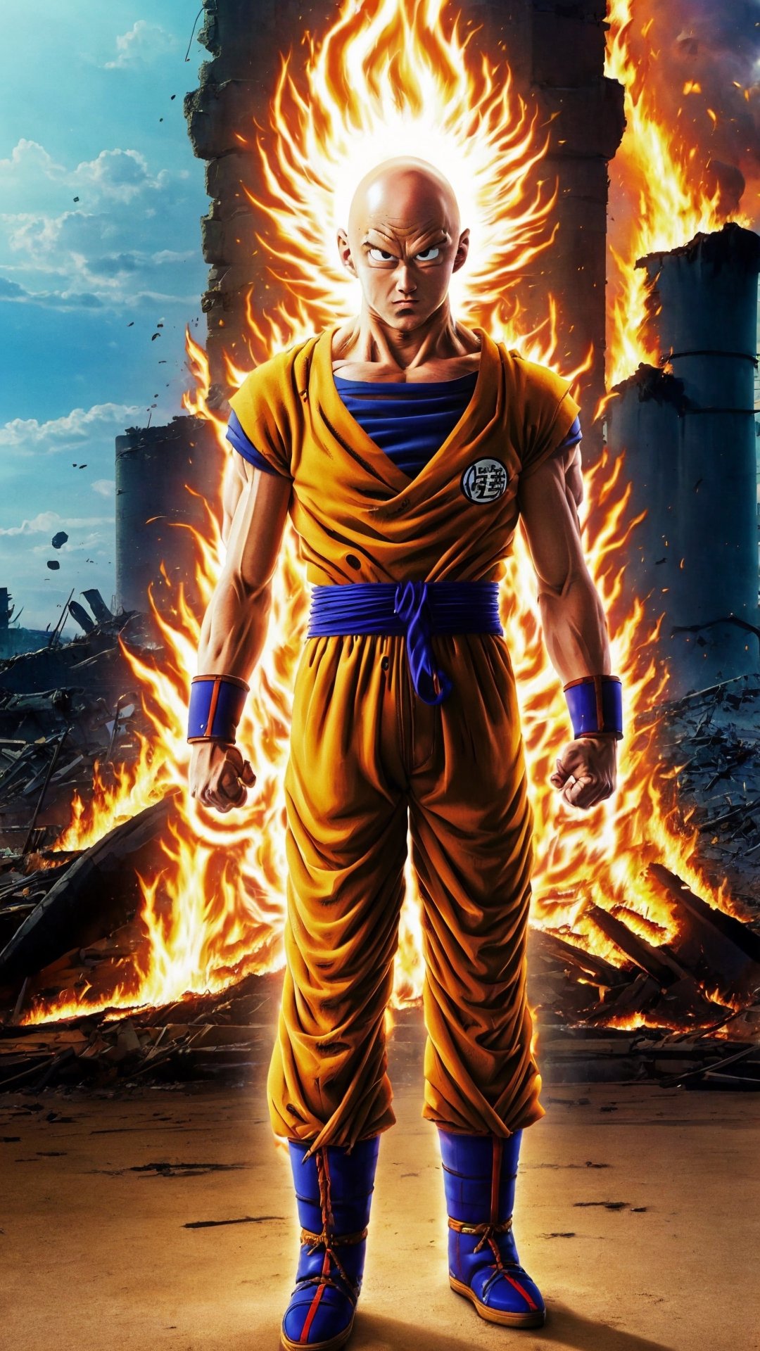 saitama, goku shirt, one punch man, 1boy, (bald:1.5), (full body:1.2), realistic, looking at viewer, city burning, white cape, destruction, ruins, fire, (stupid face:1.2), handsome asian male, orange pant, blue boot