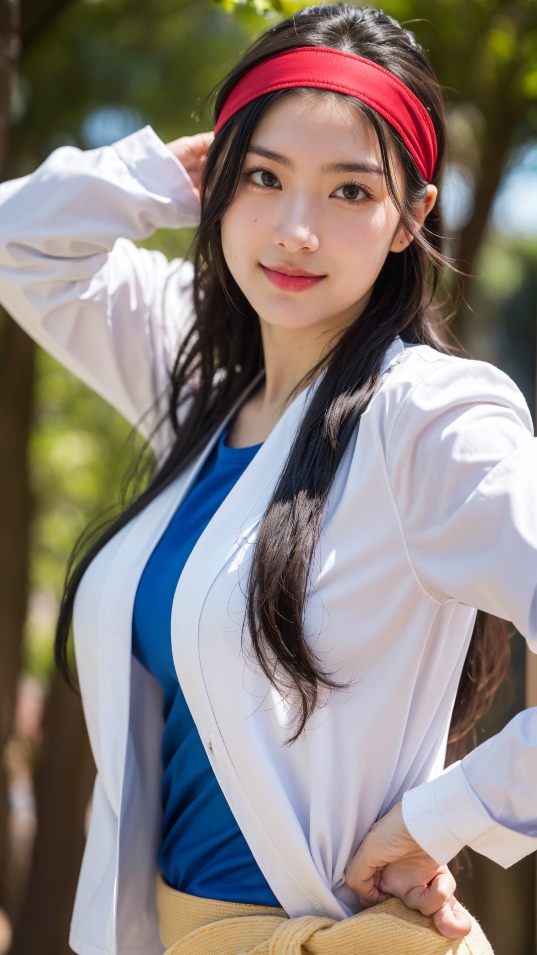 YuriSakazaki,  1girl,  white gi, red headband,  braided hair,  at the show,  mountain,  pine tree,  portrait,  (best quality:1.2),  masterpiece,  perfect picture,  detailed eyes,  sharp focus,  big boob, upper body, 8k , blue shirt, white jacket, open jacket, fingerless_glove, blue pant, white sandal