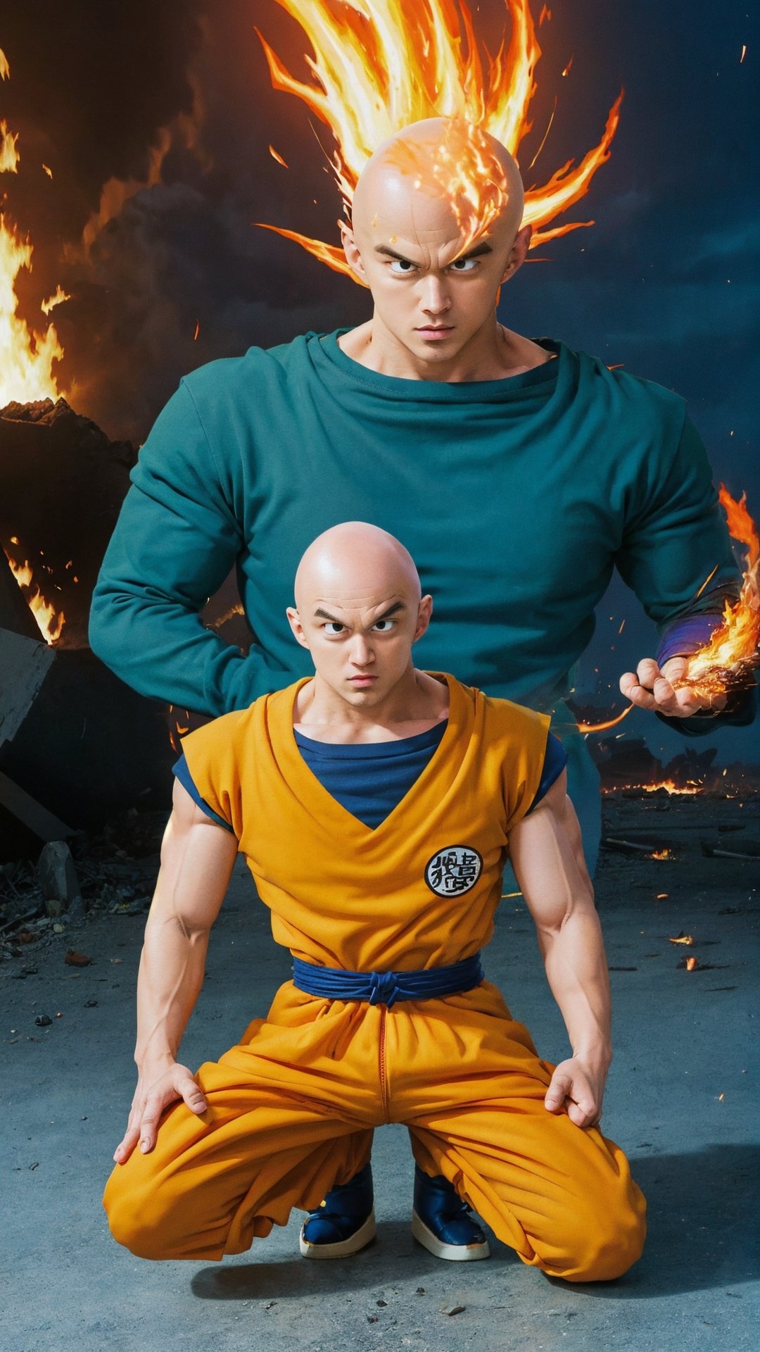 saitama, goku shirt, one punch man, 1boy, (bald:1.5), (full body:1.2), realistic, looking at viewer, city burning, white cape, destruction, ruins, fire, (stupid face:1.2), handsome asian male, orange pant, blue boot