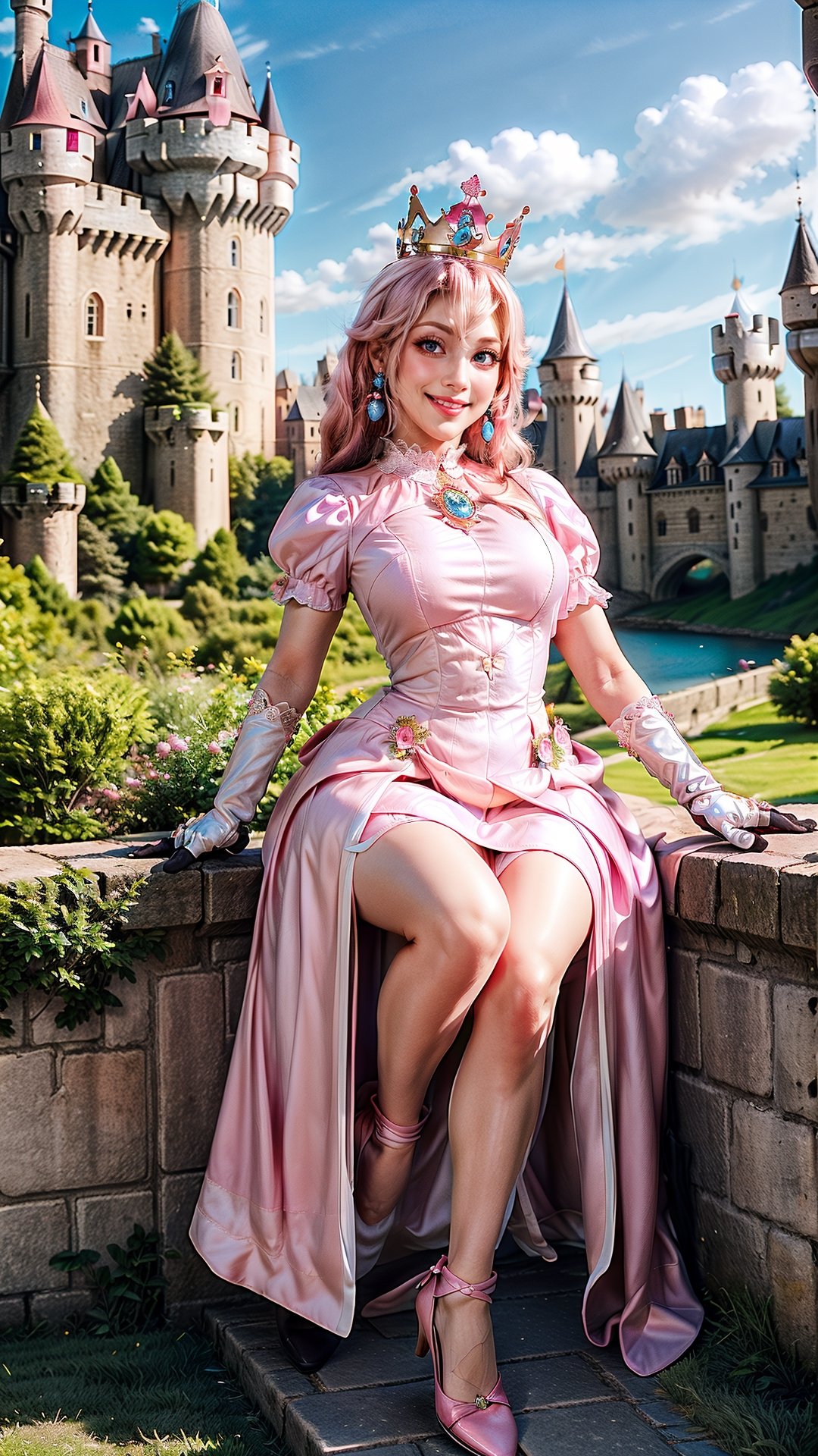 Peach_SMP,  masterpiece, best quality, highres, full body, far view, pch, pink dress, brooch, puffy sleeves, short sleeves, smile, elbow gloves, earrings, crown, outside of castle, view from below, detailed face, long leg, 4k, wear pink high heel