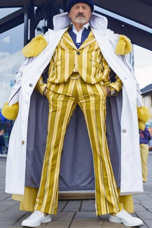 Portrait photo of a 65 years old man name Kizaru worn a white long suit, short hair , yellow pant , skinny face , (wrinkles on around forehead, eye, mouth) ((light bokeh)), intricate, elegant, sharp focus, soft lighting, vibrant colors, (masterpiece), ((streets)), (detailed face:1.2), (glowing blue eyes:1.1), both hand put in pocket power, light power , detailed_eye, detailed nose, detail face, 4k,Germany Male, sun light around body, beard