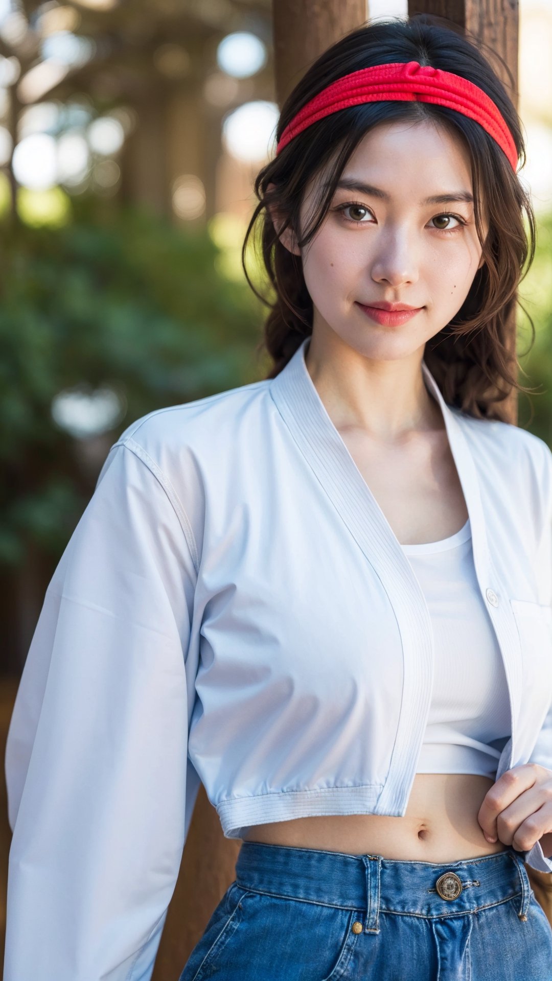 YuriSakazaki,  1girl,  white gi, red headband,  braided hair,  at the show,  mountain,  pine tree,  portrait,  (best quality:1.2),  masterpiece,  perfect picture,  detailed eyes,  sharp focus,  big boob, upper body, 8k , blue shirt, white jacket, open jacket, fingerless_glove, blue pant, white sandal