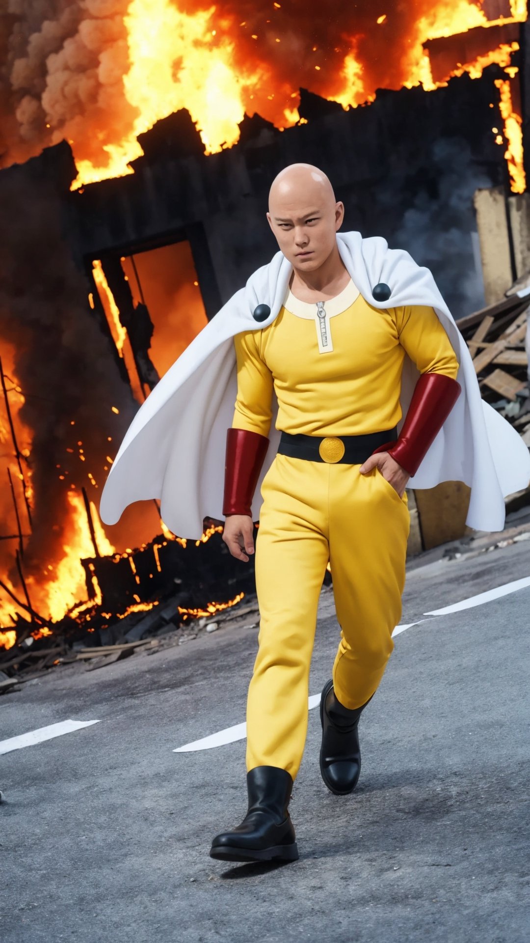 saitama, anime, one punch, 1boy, bald, (full body:1.2), close up, looking at viewer, city burning, white cape, destruction, ruins, fire, (stupid face:1.2), handsome asian male, yellow pant, black shoe
