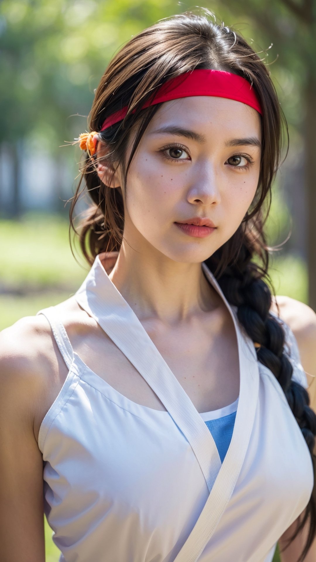 YuriSakazaki,  1girl,  white gi, red headband,  braided hair,  at the show,  mountain,  pine tree,  portrait,  (best quality:1.2),  masterpiece,  perfect picture,  detailed eyes,  sharp focus,  big boob, upper body, 8k 