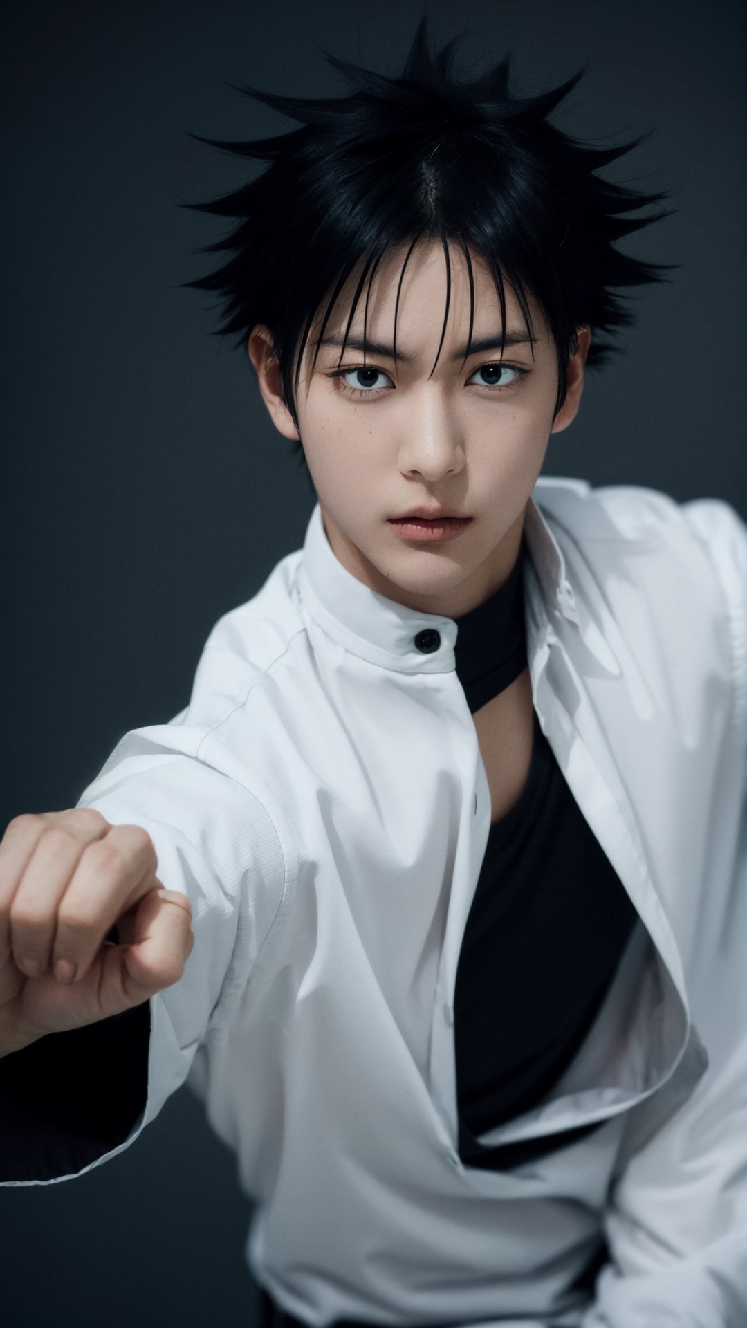 (Clap hand), (raven fly in background) , masterpiece, best quality, high quality, 1boy, solo, male focus, looking at viewer, fushiguro_megumi, black hair, spiked hair, black eyes, black kungfu shirt, 8k,perfect