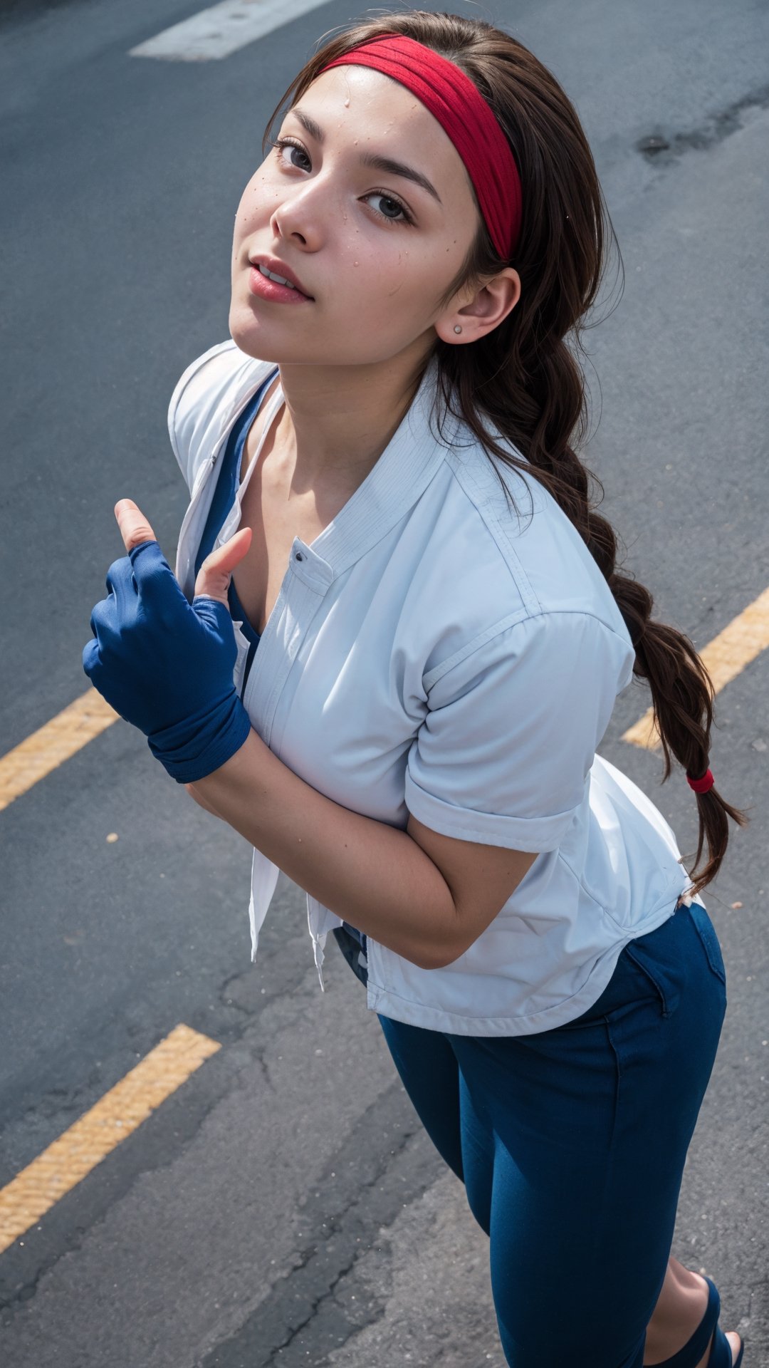 YuriSakazaki, 1girl, (fingerless_glove:1.2) ((red headband)),  serious face, (((braided hair))), ((from high angle shot)), (eyes looked up:1.3), (her face and breasts are wet),street fighter background,  pine tree,  portrait,  (best quality:1.2),  masterpiece,  perfect picture,  detailed eyes,  sharp focus,  extra big boob, 8k , blue shirt, white jacket, open jacket, fingerless_glove, blue short, white sandal, white glove,perfect