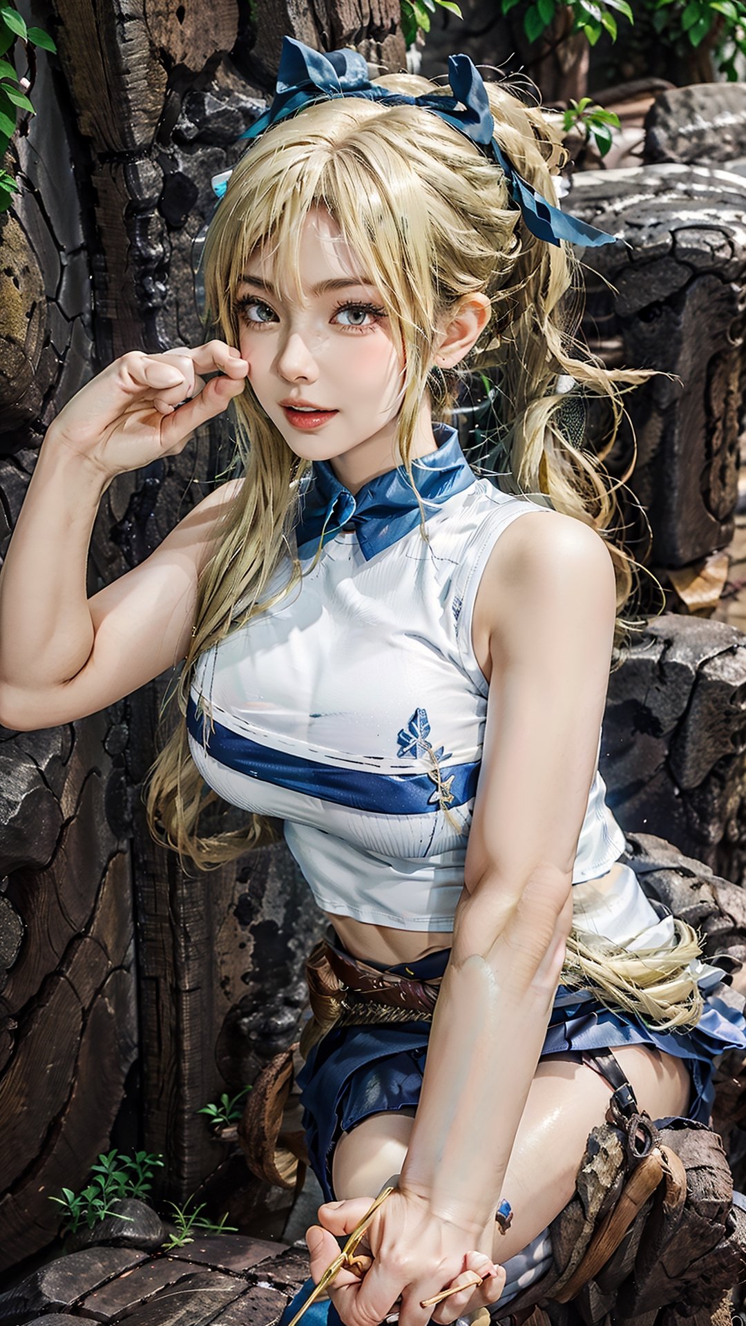 1girl ,{lucy heartfilia},{perfect face},{beautiful detailed eyes} {wearing a white sleeveless tshirt },{blue skirt} {good angle from above}, {large breast} , blue bow hairpin, {an attractive and voluptuous physique} ,(long side ponytail hair),(blonde hair) happy expression with a beauty face  ,{{masterpiece}} ,{{best quality}},   brown belt ,boots,Cursed energy, yellow energy around body