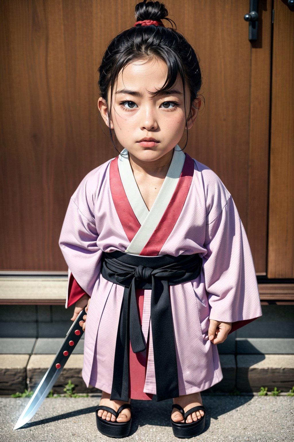 Japanese boy in pink samurai uniform and purple bell. He has chonmage hair. He wear red scalf in his neck and a sword on his bell. His feet wear a japanese clogs, streaked hair ,CHIBI,SAITAMA , sole_male