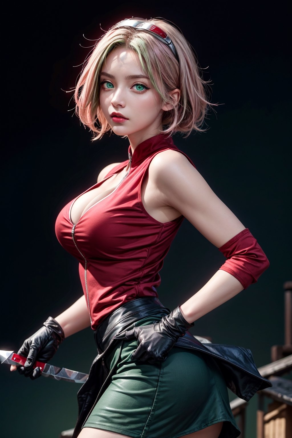 {{{masterpiece}}}, {{{best quality}}}, {{{ultra-detailed}}}, {cinematic lighting}, {illustration}, 1girl, sakura haruno, (green eyes:1.5), konoha sign on hairban, short hair, pink hair, bare shoulders, black short skirt, black gloves, diamond mark on forehead, konohagakure symbol, ninja, (red shirt:1.5), shirt, sleeveless, sleeveless shirt, sexy ass, big breasts, cleavage, holding kunai, pretty face, pretty eyes, nice hands,  perfect body, pretty nose, ninja village in background, abs