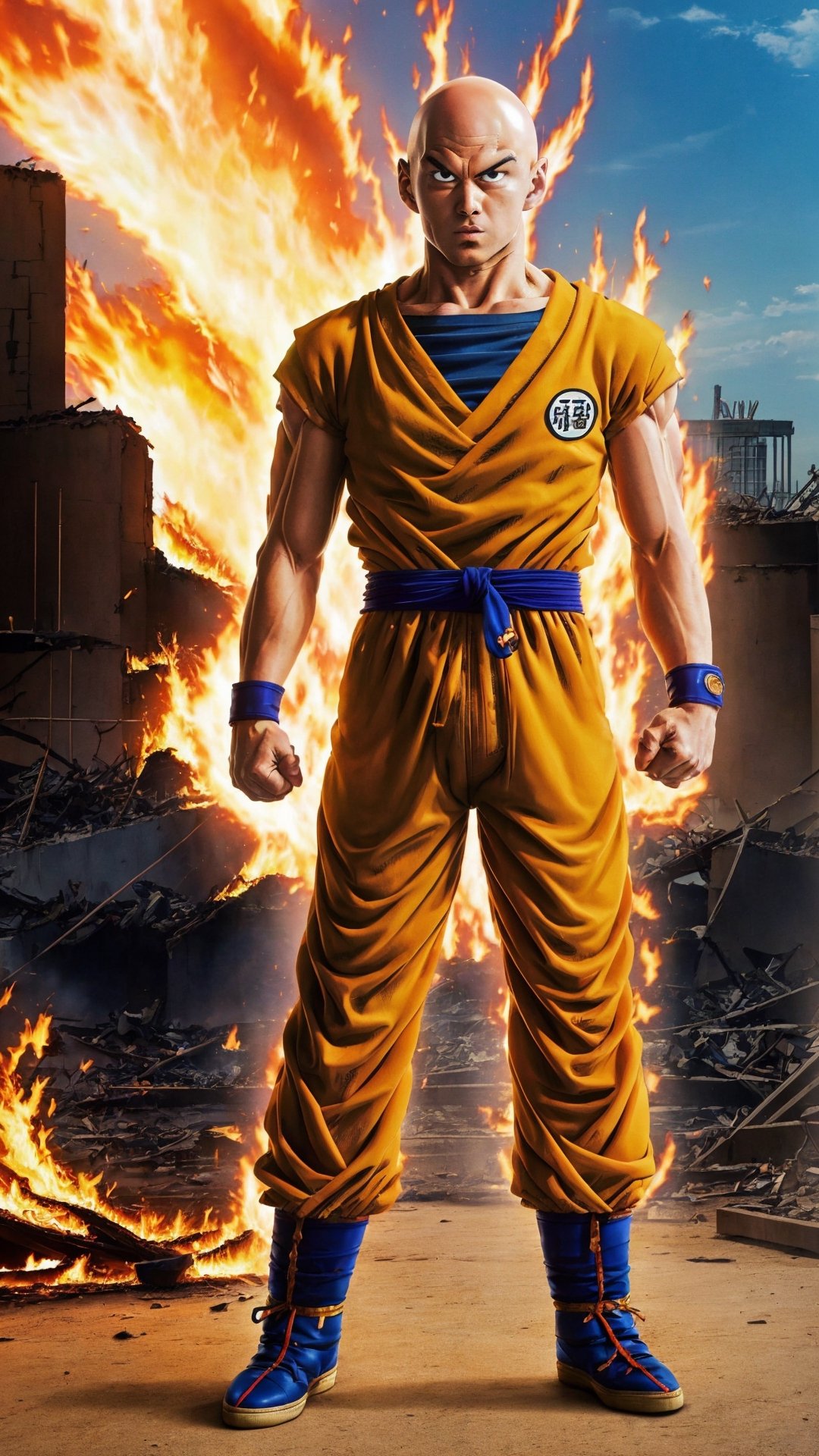 saitama, goku shirt, one punch man, 1boy, (bald:1.5), (full body:1.2), realistic, looking at viewer, city burning, white cape, destruction, ruins, fire, (stupid face:1.2), handsome asian male, orange pant, blue boot