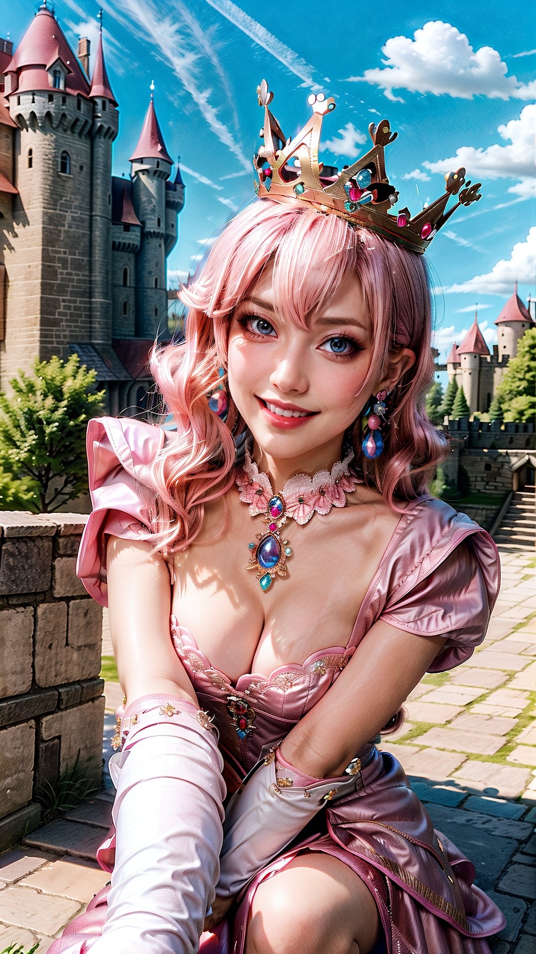 Peach_SMP,  masterpiece, best quality, highres, full body, far view, pch, pink dress, brooch, puffy sleeves, short sleeves, smile, elbow gloves, earrings, crown, outside of castle, view from below, detailed face, long leg, 4k, wear pink high heel