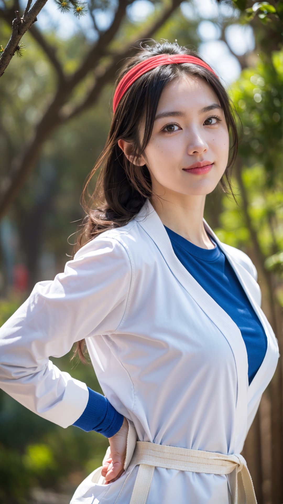 YuriSakazaki,  1girl,  white gi, red headband,  braided hair,  at the show,  mountain,  pine tree,  portrait,  (best quality:1.2),  masterpiece,  perfect picture,  detailed eyes,  sharp focus,  big boob, upper body, 8k , blue shirt, white jacket, open jacket, fingerless_glove, blue pant, white sandal