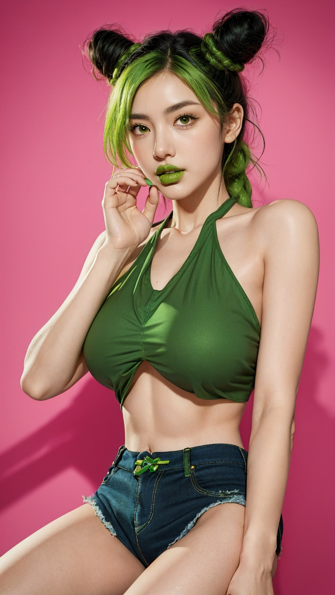 green hair  jolynejojo, 1girl, solo, best quality, masterpiece, highres, sfemale focus, green bangs, green eyes,  vibrant art,jolynejojo, green lips, sexy girl, crop top, huge boob