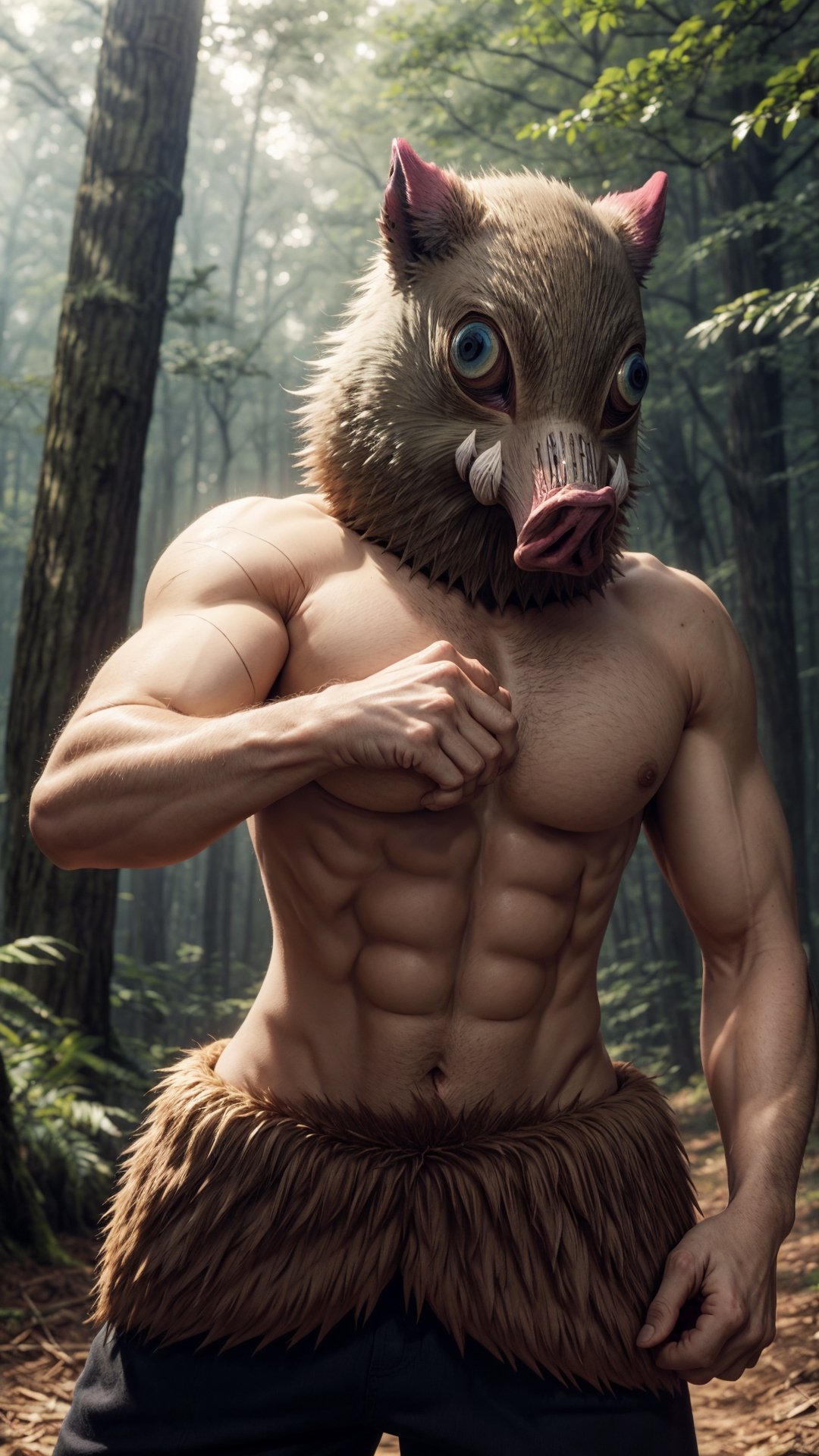 masterpiece, best quality,  1boy, inosukemask, mask, animal, cowboy shot, abs, action pose, forest background 