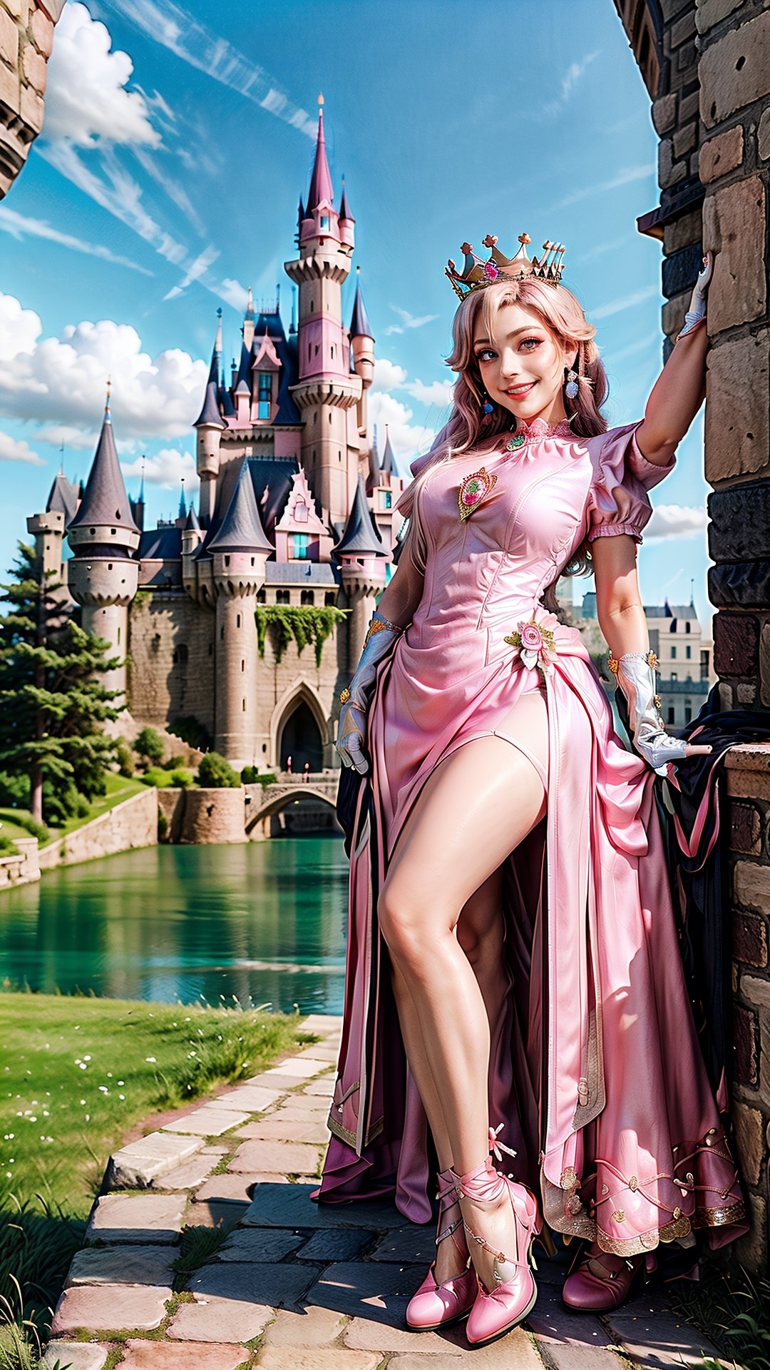 Peach_SMP,  masterpiece, best quality, highres, full body, far view, pch, pink dress, brooch, puffy sleeves, short sleeves, smile, elbow gloves, earrings, crown, outside of castle, view from below, detailed face, long leg, 4k, wear pink high heel