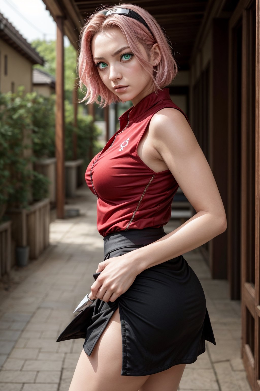 {{{masterpiece}}}, {{{best quality}}}, {{{ultra-detailed}}}, {cinematic lighting}, {illustration}, 1girl, sakura haruno, (green eyes:1.5), konoha sign on hairban, short hair, pink hair, bare shoulders, black short skirt, black gloves, diamond mark on forehead, konohagakure symbol, ninja, (red shirt:1.5), shirt, sleeveless, sleeveless shirt, sexy ass, big breasts, cleavage, holding kunai, pretty face, pretty eyes, nice hands,  perfect body, pretty nose, ninja village in background,Highkick to the sky