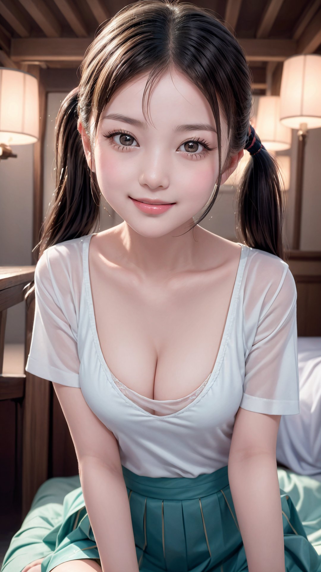 Shizuka, (masterpiece, best quality:1.4), Poses that fascinate a man, seducing smile, class background, 1girl, solo, with her black short hair styled in low twin pigtails,  she exudes an air of innocence and playfulness.Dressed in a japanese school girl uniform. Her eyes sparkle with youthful curiosity,  radiating her youthful charm.The portrait immortalizes the grace and beauty of the young teen. Poses that fascinate a man、seducing smile,  reflecting her vibrant personality, chinatsumura face,8k, high res, best quality, big brest, detailed face,chinatsumura