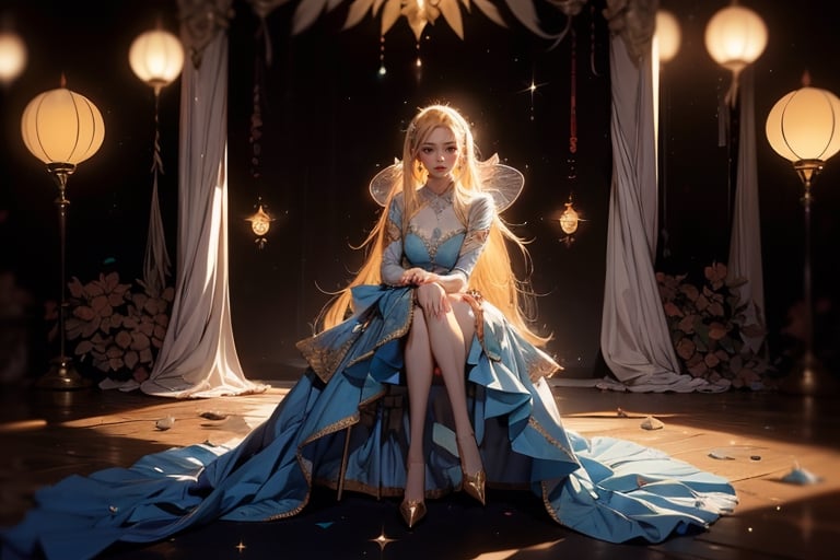 Story, sparkling beautiful eyes, blonde hair, laying on bed posing under a fairy tale, white dress, elegant dress, decorations on dress, highly detailed environment, starry night, camera shot from above, spacious room, high cilling, fairy tale furniture, room well lited with lanterns and candles, at night, elaborate scene style, glitter, orange, realistic style, 8k,exposure blend, medium shot, bokeh, (hdr:1.4), high contrast, (cinematic, dark orange and white film), (muted colors, dim colors, soothing tones:1.3), full body, low saturation, (hyperdetailed:1.2), (noir:0.4),1 girl,c.c.