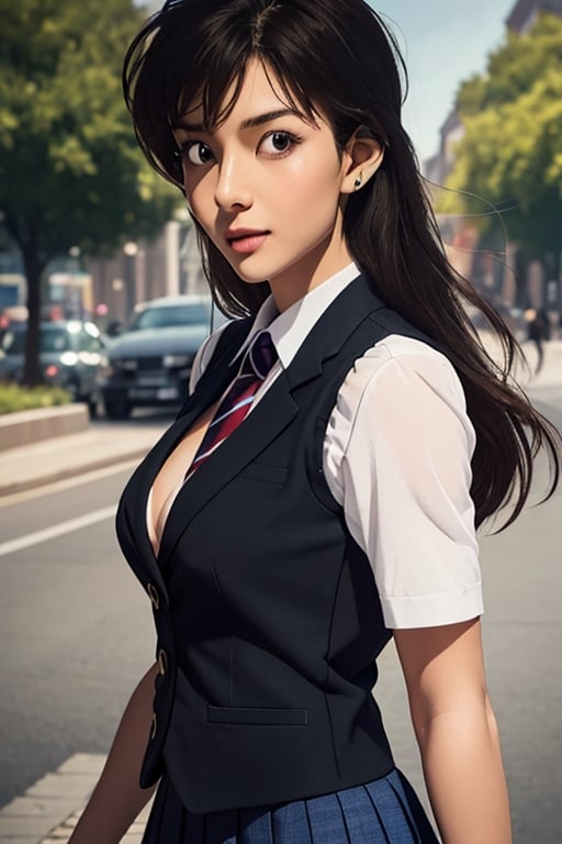 Black hair, brown eyes ,Beautiful girl of the highest grade, Super beautiful detailed face, ((flat chest)), (hi-School uniform vest outside with wide open breasts:1.25), (Details of a very beautiful face), (Best Quality:1.4), 8K resolution, High resolution, (Photorealistic, High resolution:1.4), Raw photo, (Realistic, Photorealsitic:1.37), Gloss on lips, Parted lips, Staring at me,LONG HAIR