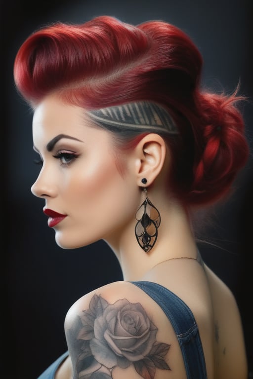 Tattoo sketch, by enki bilal, double exposure. high quality, high detail, (16K Ultra HD), (masterpiece), (best quality), (ultra realistic detail).  (beautiful rockabilly girl), (cherry red hair with dark roots), dark smoky background