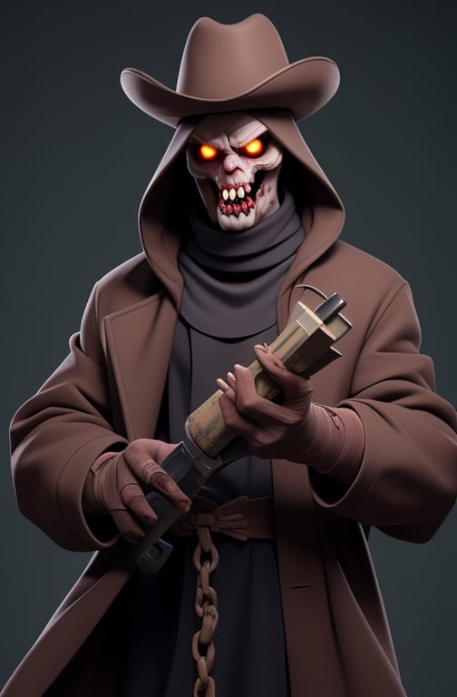 (Gigantic body:1.3) male zombie, name:genocide-Ninja,zombie Ninja, His decomposing flesh is masked by bandages. He wears a dirty priest's cassock coat and western hat, (cassock coat), western hat, dirty bandages, corrupted body,(Ninja MASK),( Bandages over the entire body), His eyelids and lips are rotting away, his mouth is lined with a row of wild teeth, and his eyes are glowing green.(holding buzzSaw:1.5),circular saw thick chain are wrapped around his body, cowboy shot,HellAI