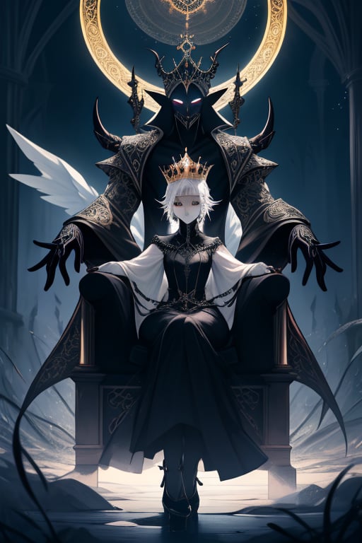 A mystical realm is illuminated by an ethereal glow as the enigmatic Little Queen, a hybrid albino demon, sits regally beside her sister. The queen's crown-like horns, adorned with intricate mechanisms, rise from her forehead like a celestial halo. Her sister, clad in gothic punk attire, gazes upon her with an air of reverence. In the background, a mechanical being's body, intricately crafted with gears and polished metal vines, appears as if suspended in mid-air. The dark-skinned female, dressed in a flowing gown, stands at the edge of the mystical circle, her eyes aglow with an otherworldly intensity.