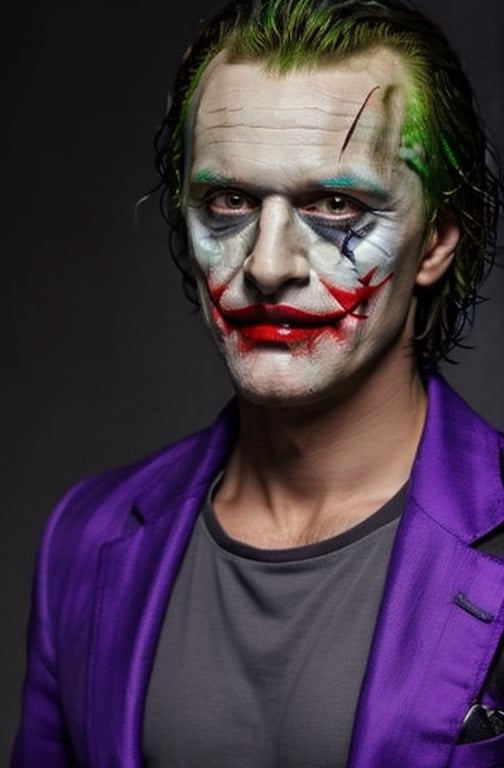 the joker ,  dc_(comics)  ,white flesh , decomposing skin, glowing red eyes ,zombie human.white skin , open mouth ,fangs, houses on fire background  ), portrait, in a purple suit, purple coat,  , purple  green hair ,purple trousers,allblacksuit, detailed,bigbyTWAS_soul3142,monster,ded1