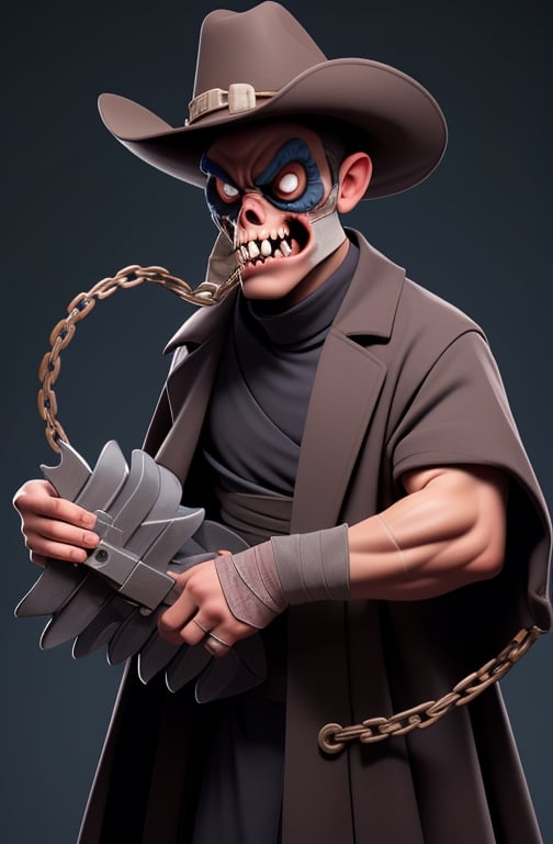 (Gigantic body:1.3) male zombie, name:genocide-Ninja,zombie Ninja, His decomposing flesh is masked by bandages. He wears a dirty priest's cassock coat and western hat, (cassock coat), western hat, dirty bandages, corrupted body,(Ninja MASK),( Bandages over the entire body), His eyelids and lips are rotting away, his mouth is lined with a row of wild teeth, and his eyes are glowing green.(holding buzzSaw:1.5),circular saw thick chain are wrapped around his body, cowboy shot,HellAI