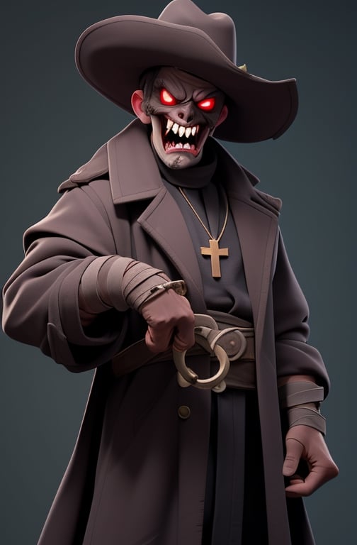 (Gigantic body:1.3) male zombie, name:genocide-Ninja,zombie Ninja, His decomposing flesh is masked by bandages. He wears a dirty priest's cassock coat and western hat, (cassock coat), western hat, dirty bandages, corrupted body,(Ninja MASK),( Bandages over the entire body), His eyelids and lips are rotting away, his mouth is lined with a row of wild teeth, and his eyes are glowing green.(holding buzzSaw:1.5),circular saw thick chain are wrapped around his body, cowboy shot,HellAI