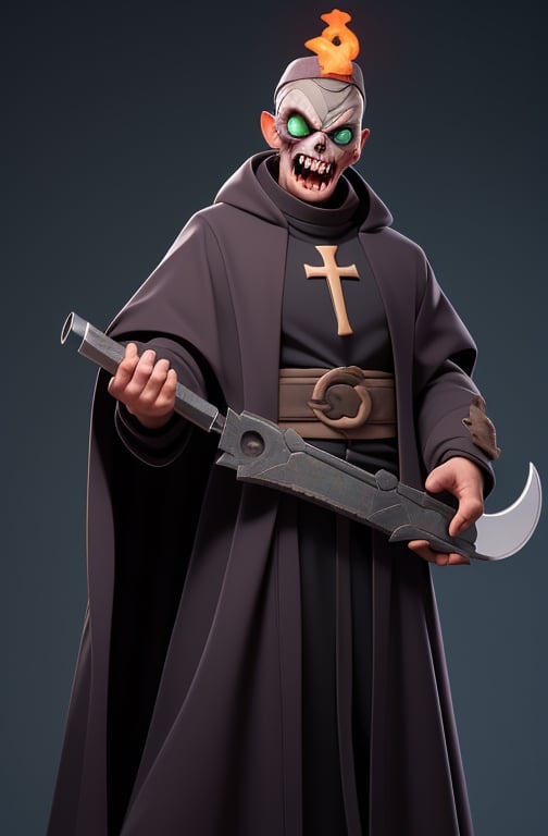 (Gigantic body:1.3) male zombie, name:genocide-Ninja,zombie Ninja, His decomposing flesh is masked by bandages. He wears a dirty priest's cassock coat and western hat, (cassock coat), western hat, dirty bandages, corrupted body,(Ninja MASK),( Bandages over the entire body), His eyelids and lips are rotting away, his mouth is lined with a row of wild teeth, and his eyes are glowing green.(holding buzzSaw:1.5),circular saw thick chain are wrapped around his body, cowboy shot,HellAI