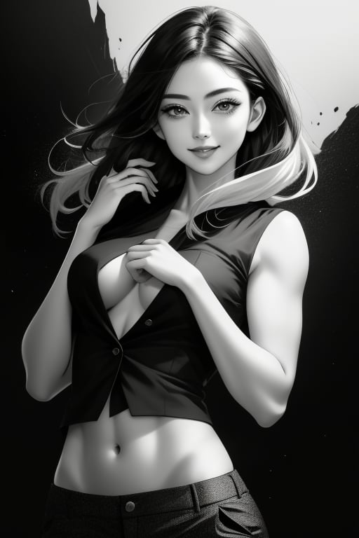 4k,best quality,masterpiece,20yo 1girl,(black suit and pants, alluring smile, head ornaments 

(Beautiful and detailed eyes),
Detailed face, detailed eyes, double eyelids ,thin face, real hands, muscular fit body, semi visible abs, ((short hair with long locks:1.2)), black hair, black background,


real person, color splash style photo,
