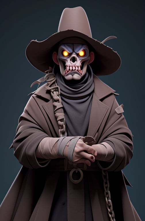 (Gigantic body:1.3) male zombie, name:genocide-Ninja,zombie Ninja, His decomposing flesh is masked by bandages. He wears a dirty priest's cassock coat and western hat, (cassock coat), western hat, dirty bandages, corrupted body,(Ninja MASK),( Bandages over the entire body), His eyelids and lips are rotting away, his mouth is lined with a row of wild teeth, and his eyes are glowing green.(holding buzzSaw:1.5),circular saw thick chain are wrapped around his body, cowboy shot,HellAI