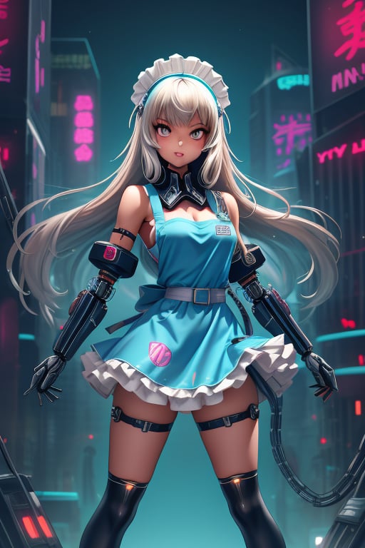 A young Autobot, clad in a knee-length Japanese schoolgirl uniform with frilly apron and knee-high socks, stands confidently amidst a futuristic cityscape. Her cybernetic enhancements - gleaming circuits, glowing blue optics, and metallic limbs - peek through the fabric, hinting at her mechanical nature. The vibrant neon hues of skyscrapers and holographic advertisements create a striking contrast to her soft, feminine features. In the midst of this high-tech chaos, she exudes a sense of calm determination.