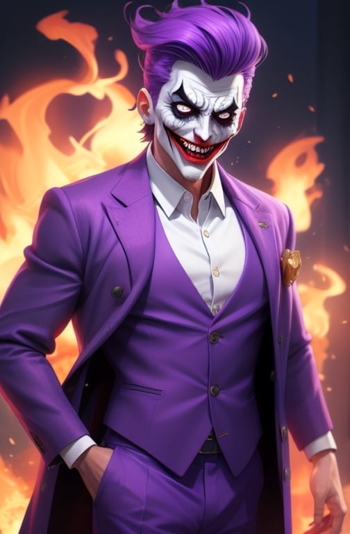 , willem dafoe , the joker ,  dc_(comics)  ,white flesh , decomposing skin, glowing red eyes ,zombie human.white skin , open mouth ,fangs, houses on fire background  ), portrait, in a purple suit, purple coat,  , purple  green hair ,purple trousers,allblacksuit, detailed,bigbyTWAS_soul3142,monster,ded1,Businessman