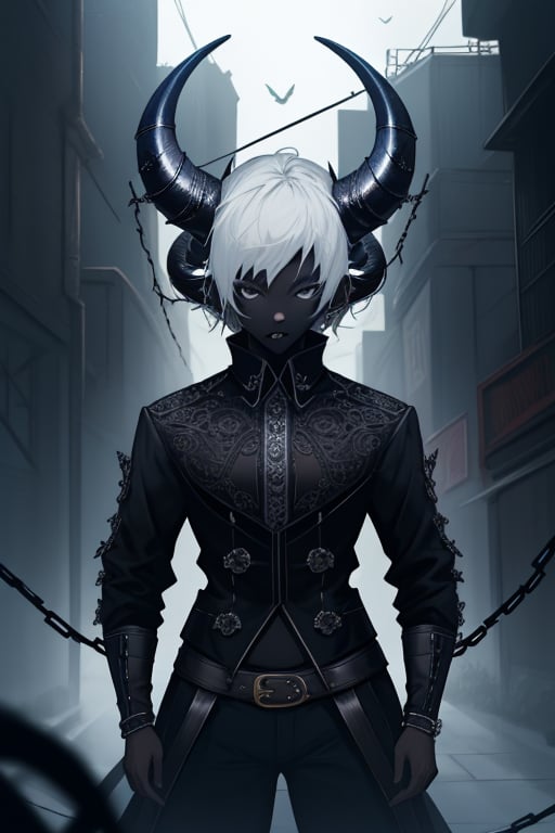 ((Cinematic high quality photo)),mysterious hybrid albino demon little queen, (long intricate horns), a sister clad in gothic punk attire,Mechanical unique being body, ntricate gears,  mesmerizing light, polished metal vines form a fascinating,ct-niji2,dark-skinned female