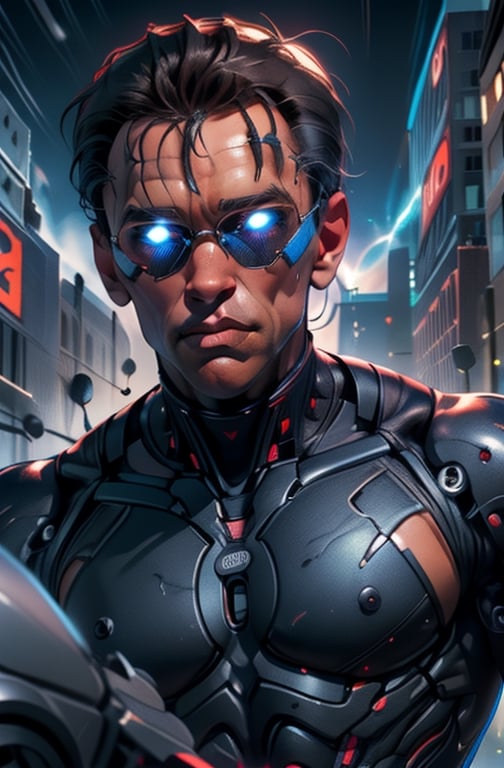 Arnold Schwarzenegger terminator cyborg city rain dark explosion cars guns and 80's action theme