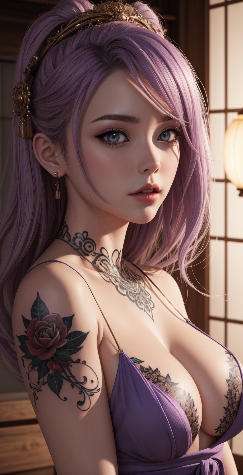 tattoo girl modeling a dresses , in the style of high dynamic range, kawaii art, light lavender and light bronze, animated illustrations, daz3d, exotic realism, tattoo-inspired, vibrant manga, close-up intensity, japanese-inspired --ar 4:5, half body, big boobs, intricate details tattoo