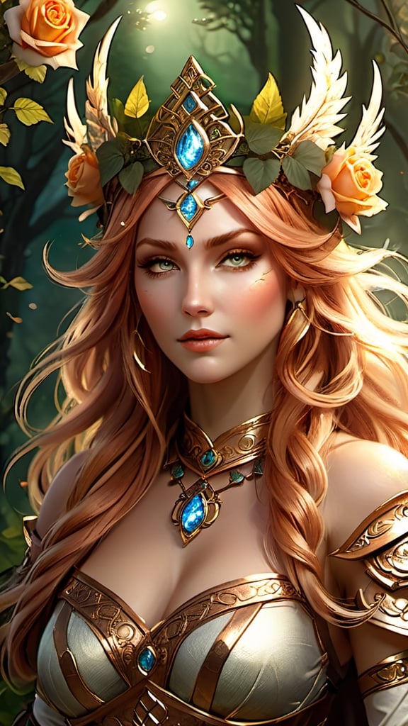 ultra detailed druid goddess with a crown made out of pure light, kind-hearted with a penetrating gaze, golden glow, extremely detailed and beautiful face, gorgeous body, soft copper-colored hair, she wears druid armor, ethereal, magical glow, fantasy art by Mschiffer, ultra sharp focus, ethereal glowy smoke, light particles, roses and vines, brambles